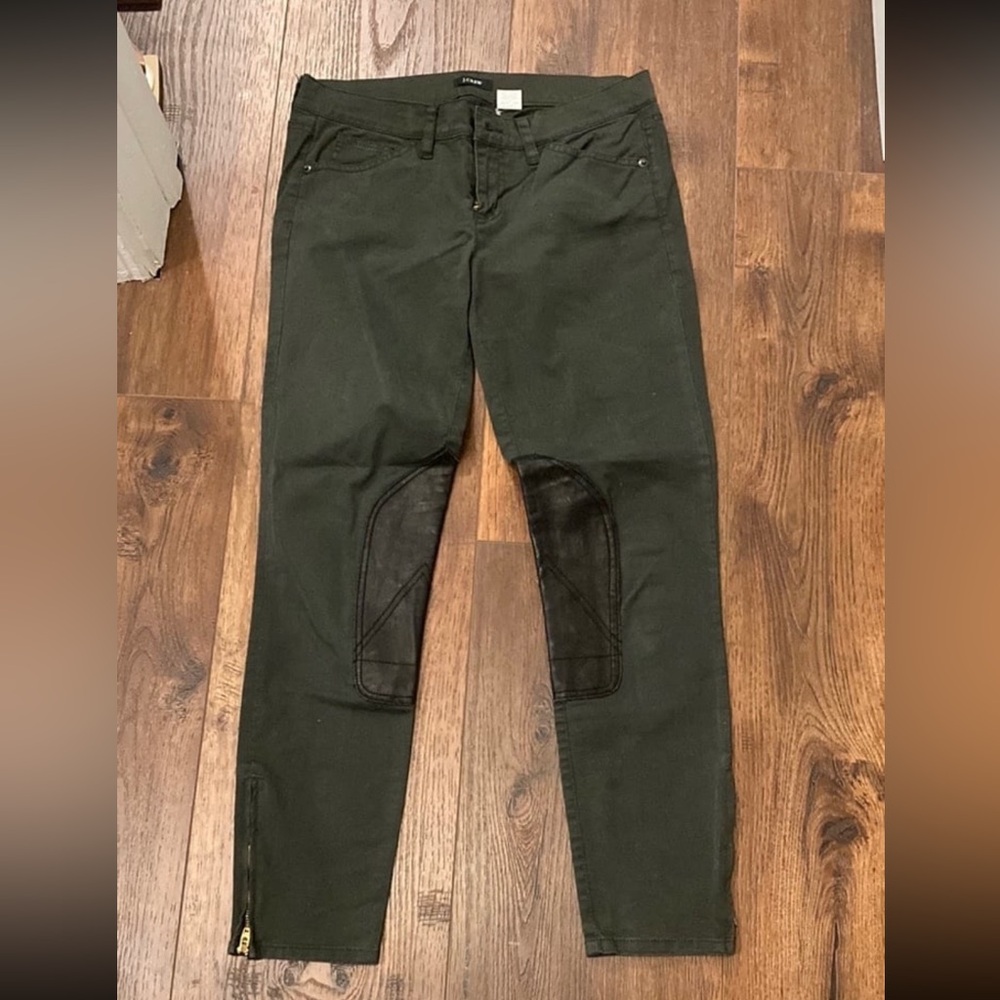 J Crew green skinny pants with leather leg patch size 26